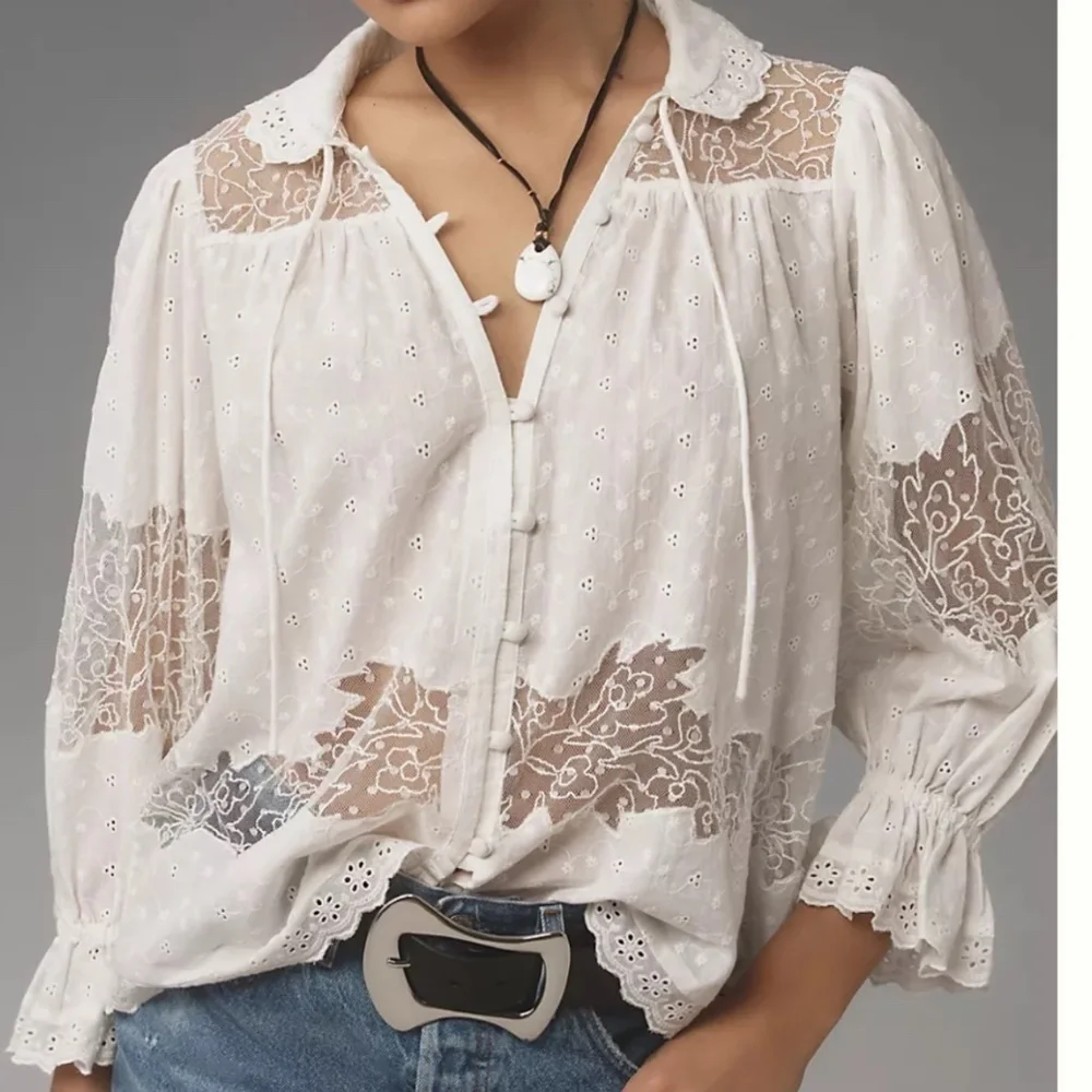 Anthropologie White Eyelet Lace Button-Front Blouse